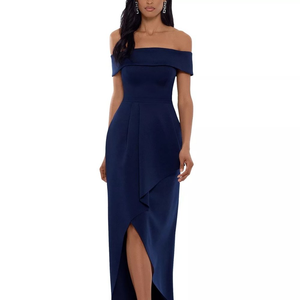 XSCAPE Off-The-Shoulder Asymmetrical-Hem Gown Navy Size 4